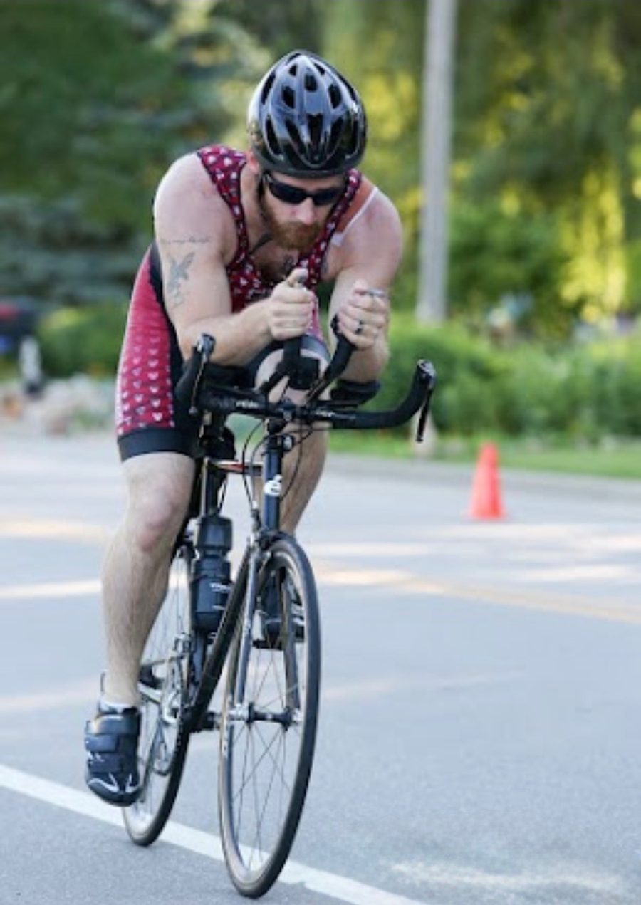 On the bike, mid-race