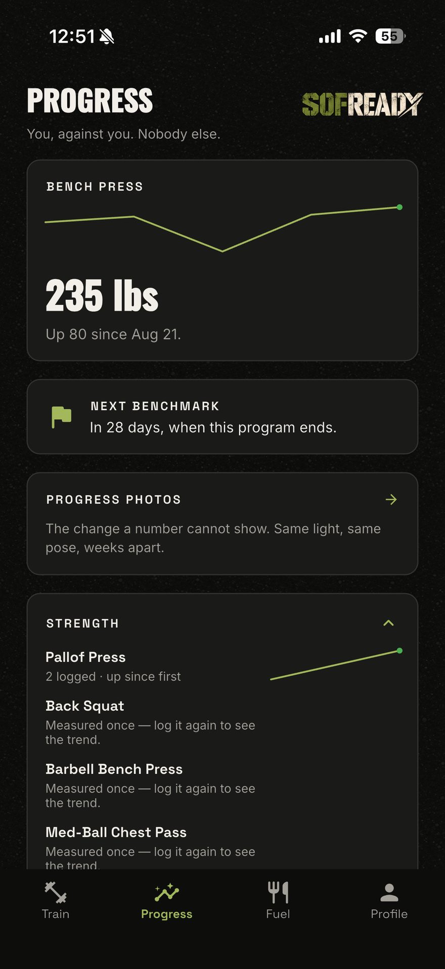 Progress screen showing a bench press trend and strength benchmarks
