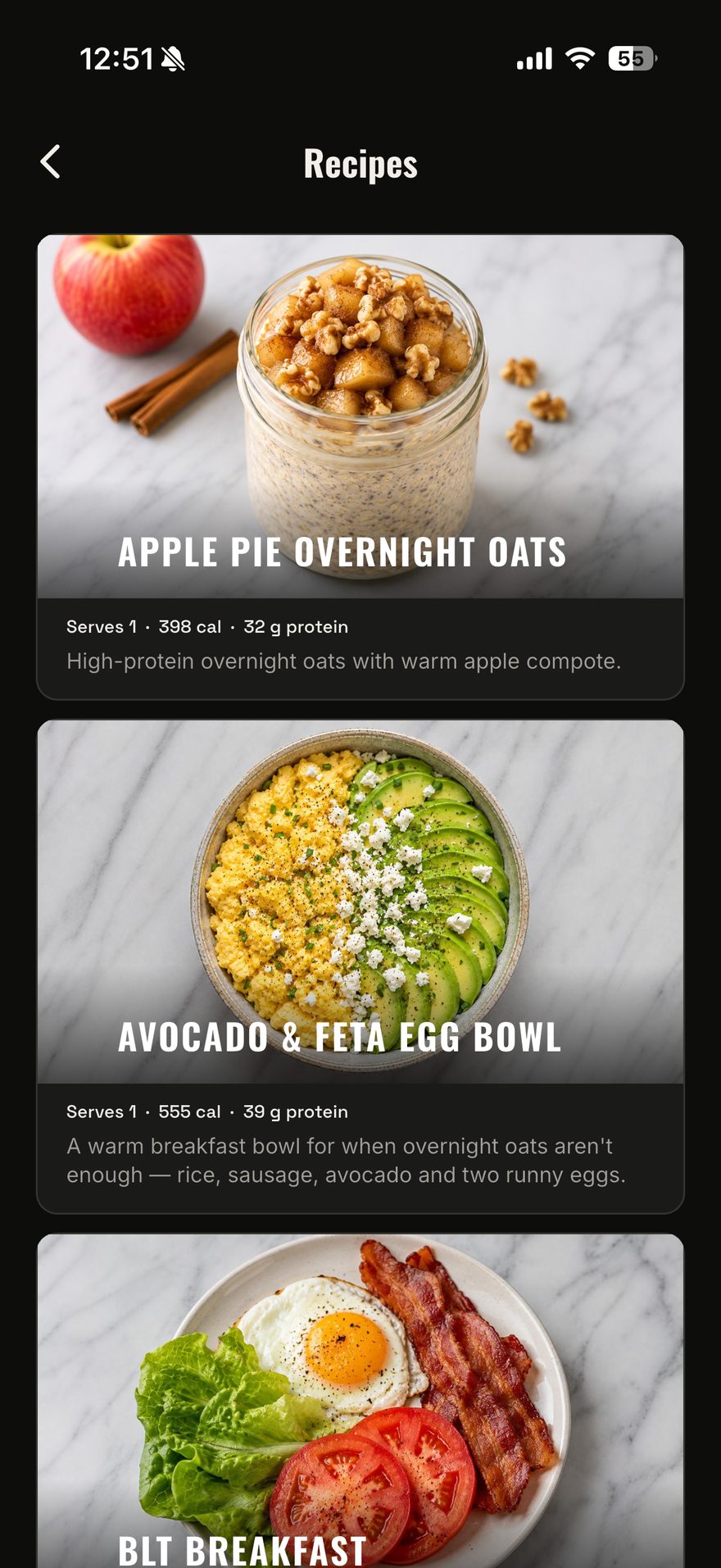 Recipe list with calories and protein per serving